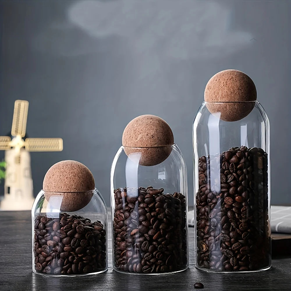 3pcs Glass Pantry Jars with Ball Cork Lid – Airtight Storage for Spices, Tea & Dry Goods
