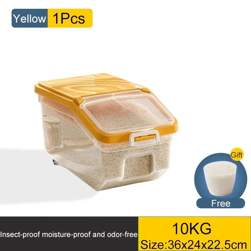 Storage Container with Lid, Wheels & Scoop – Airtight Grain & Cereal Dispenser