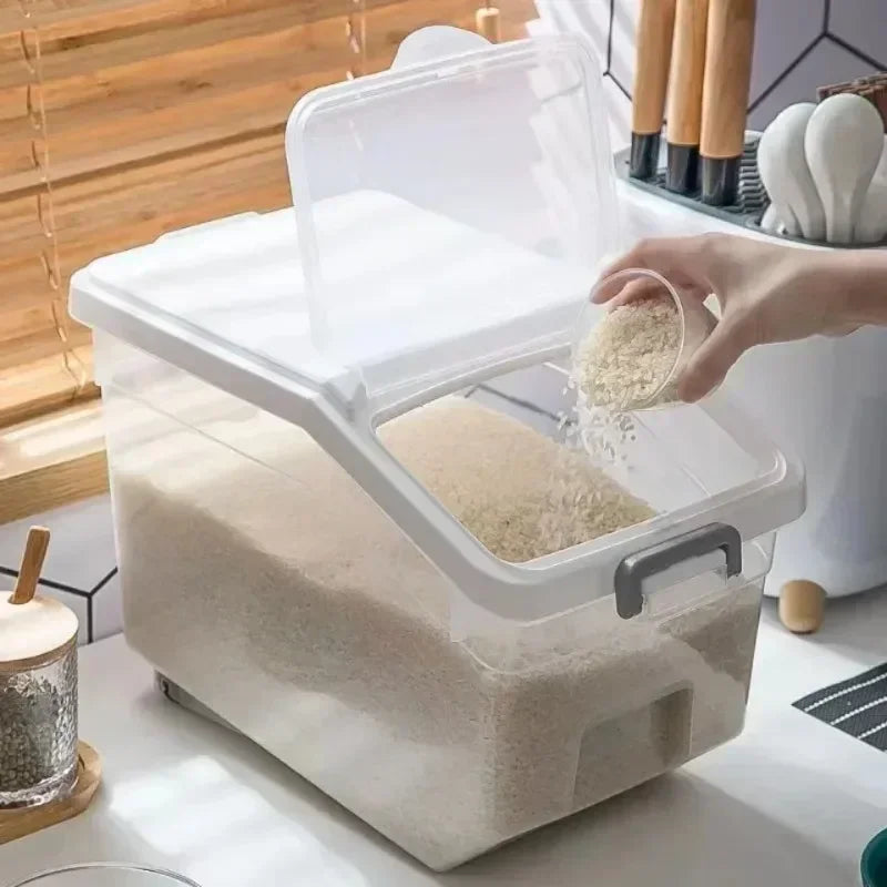 Storage Container with Lid, Wheels & Scoop – Airtight Grain & Cereal Dispenser