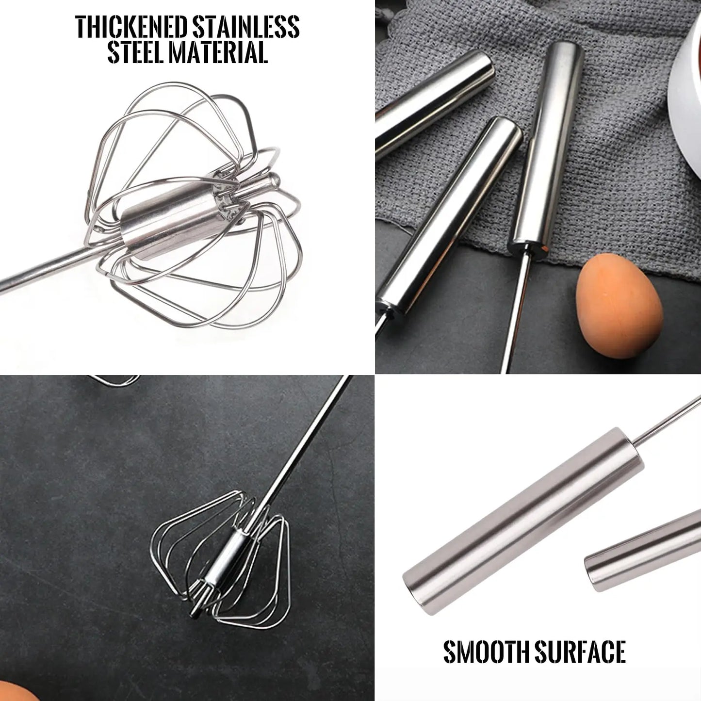 Semi-Automatic Stainless Steel Egg Beater – Self-Turning Hand Whisk Kitchen Tool