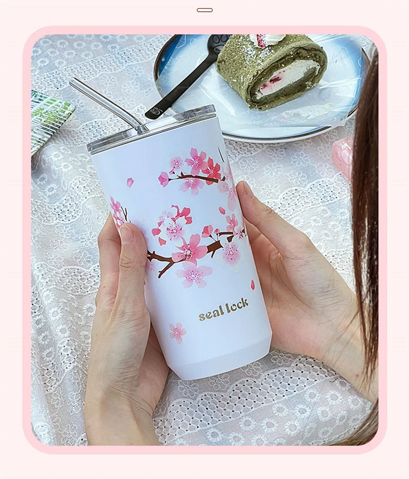 Cherry Blossom Stainless Steel Thermal Mug – Leak-Proof Travel Cup with Lid, 360–560ml