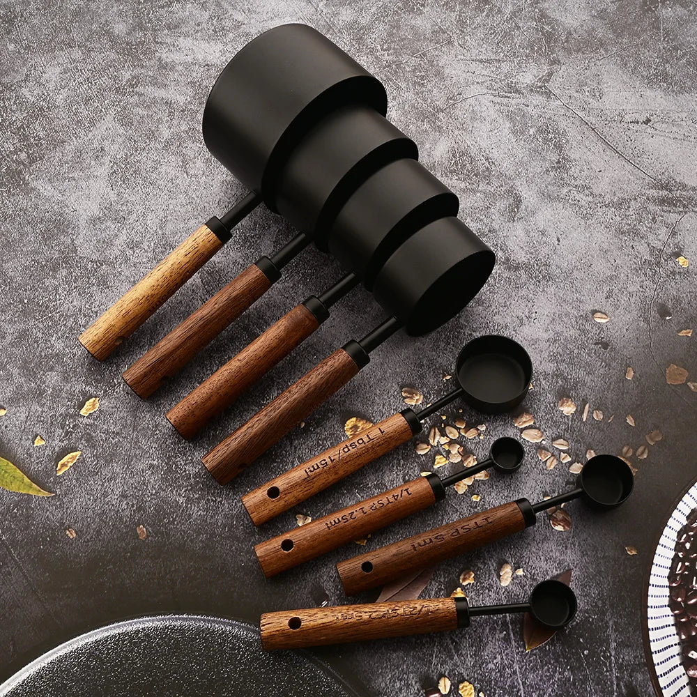 Gold Stainless Steel Measuring Cups and Spoons Set – Wooden Handle Baking and Coffee Tools