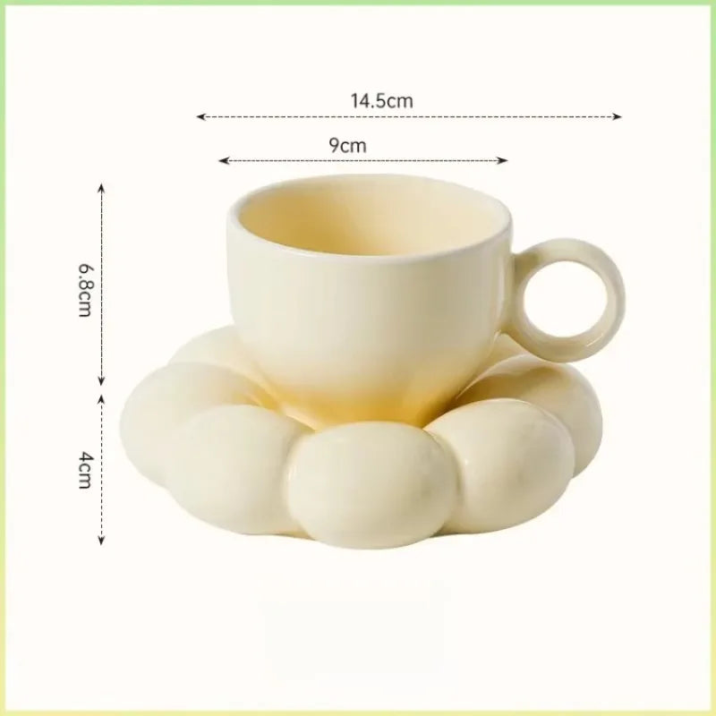 Aesthetic Sunflower Ceramic Coffee Mug with Saucer – Cute Cloud Cup for Tea & Office