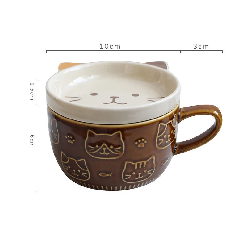 Ceramic Animal Face Coffee Mug – 300ml Cup with Lid & Dish for Breakfast, Tea or Gifting