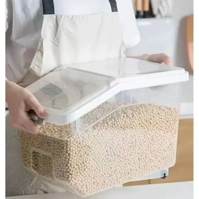 Storage Container with Lid, Wheels & Scoop – Airtight Grain & Cereal Dispenser