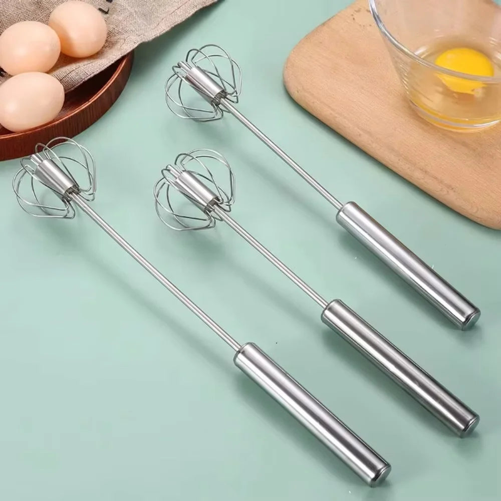 Semi-Automatic Stainless Steel Egg Beater – Self-Turning Hand Whisk Kitchen Tool
