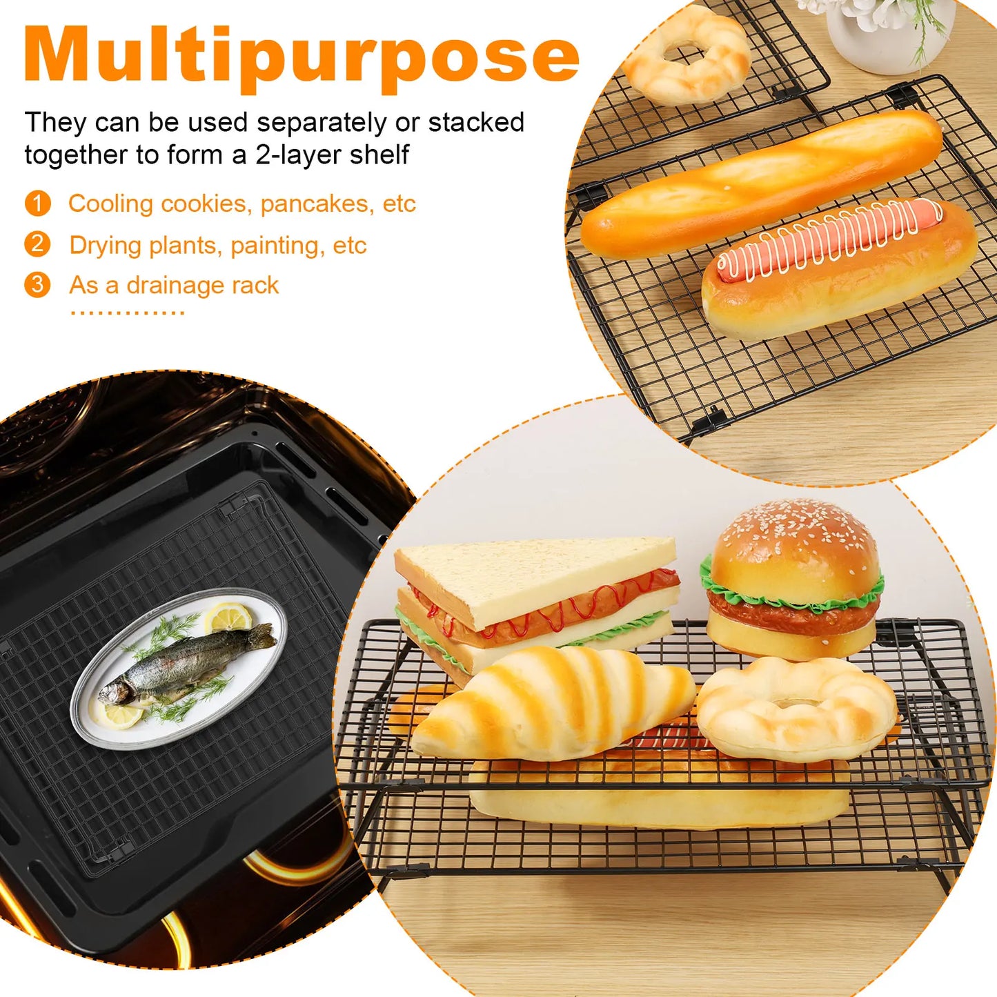 2pc Stackable Cooling Racks – Non-stick Carbon Steel with Foldable Legs for Baking & Cookies
