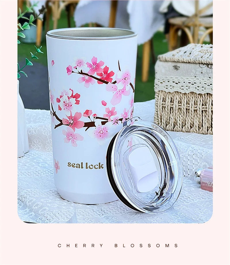 Cherry Blossom Stainless Steel Thermal Mug – Leak-Proof Travel Cup with Lid, 360–560ml