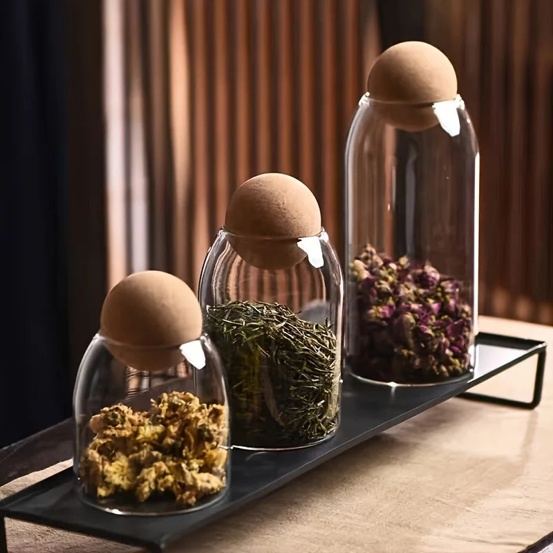 3pcs Glass Pantry Jars with Ball Cork Lid – Airtight Storage for Spices, Tea & Dry Goods