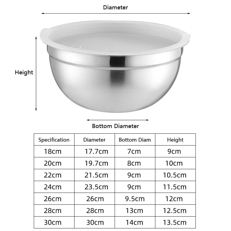Stainless Steel Salad Mixing Bowl with Lid and Non-Slip Silicone Base – Various Sizes Available