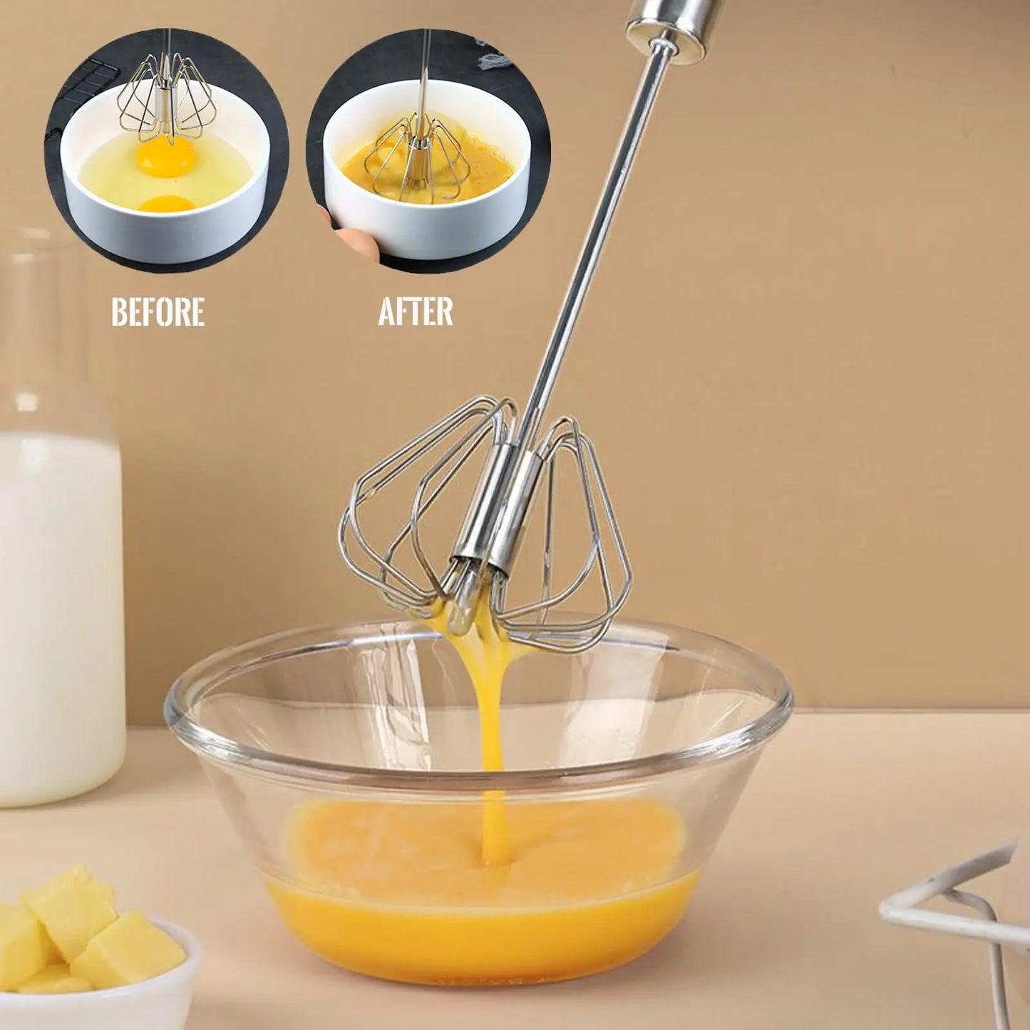 Semi-Automatic Stainless Steel Egg Beater – Self-Turning Hand Whisk Kitchen Tool