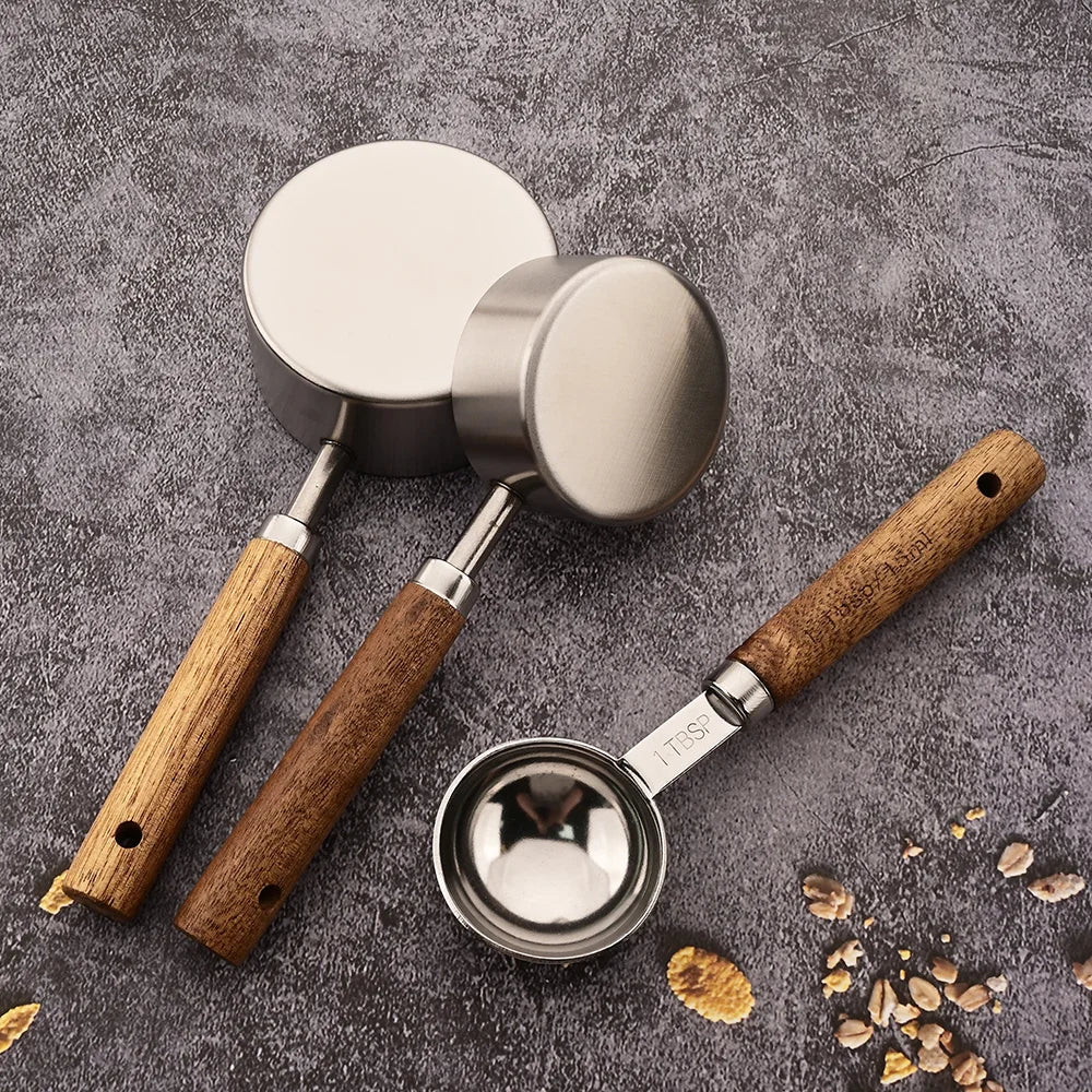 Gold Stainless Steel Measuring Cups and Spoons Set – Wooden Handle Baking and Coffee Tools