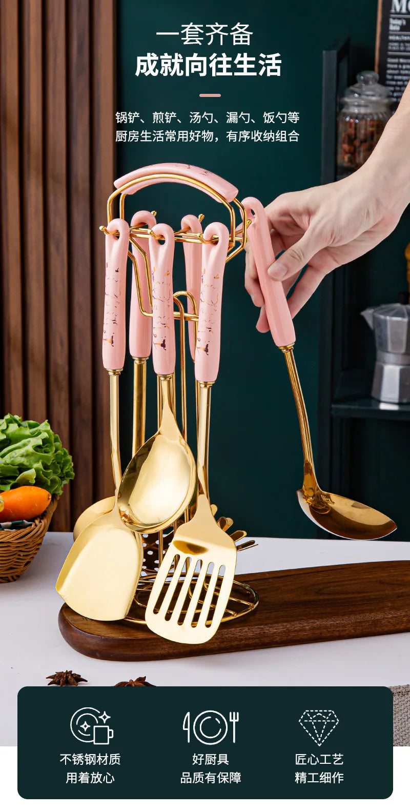 7-Piece Stainless Steel Kitchen Utensil Set with Ceramic Handles – Nordic Style