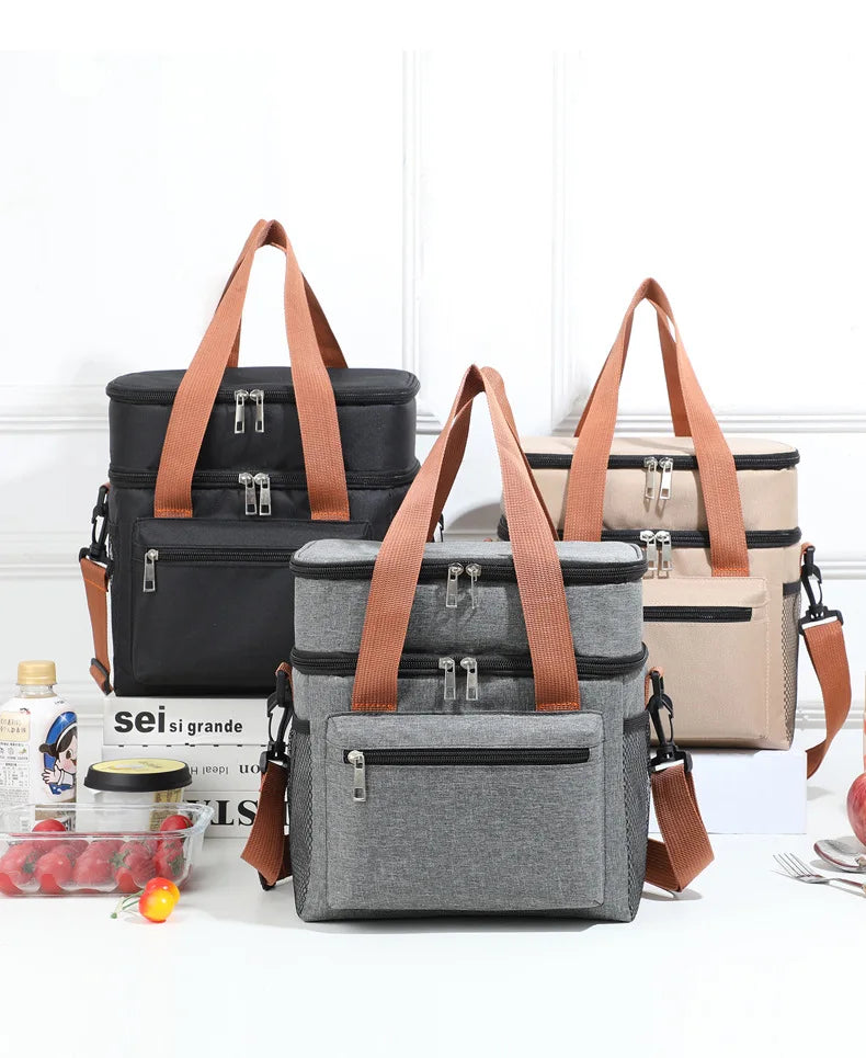 Large Double-Layer Insulated Cooler Lunch Bag – Waterproof Picnic Tote with Shoulder Strap