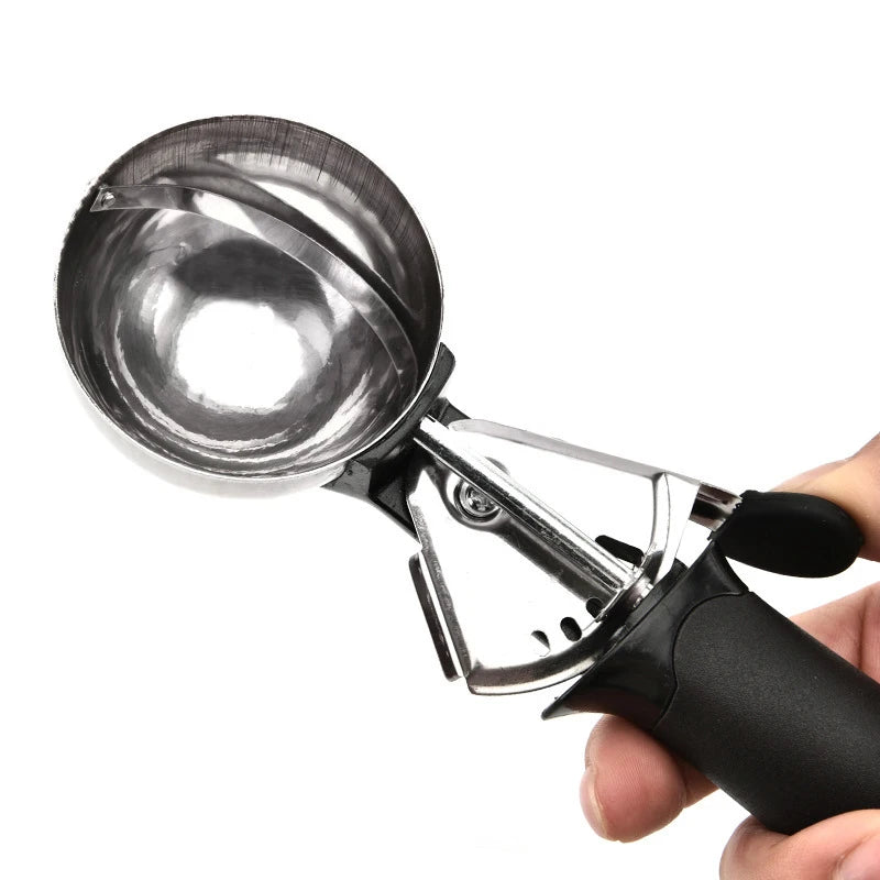 Stainless Steel Ice Cream Scooper – Pressable Fruit Spoon and Dual-Purpose Ball Scoop