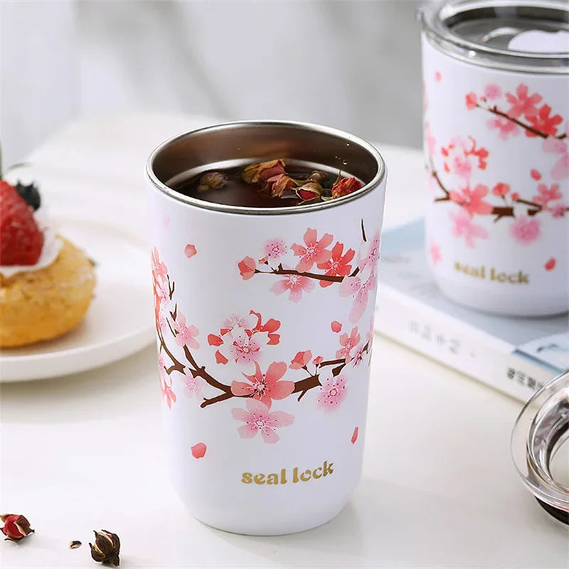 Cherry Blossom Stainless Steel Thermal Mug – Leak-Proof Travel Cup with Lid, 360–560ml
