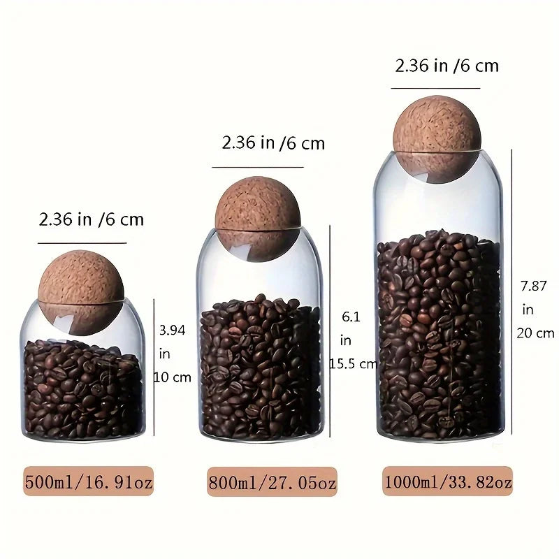3pcs Glass Pantry Jars with Ball Cork Lid – Airtight Storage for Spices, Tea & Dry Goods