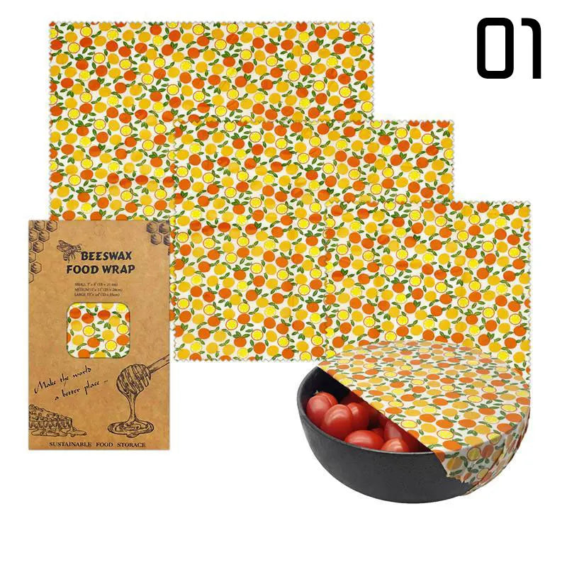 3pcs Reusable Beeswax Food Wraps – Natural Cotton Covers for Cheese, Fruit & Bread