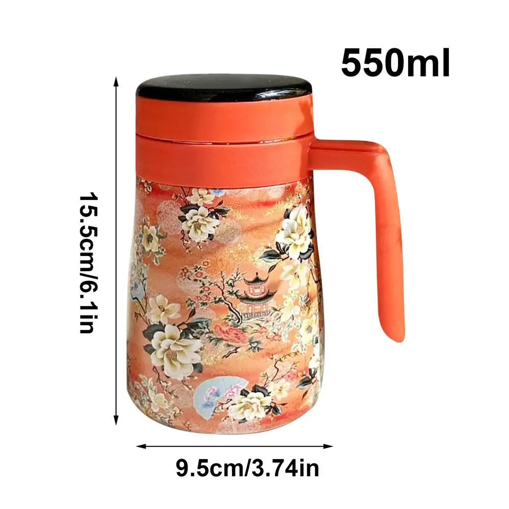 550ml Stainless Steel Insulated Teapot – Floral Thermos with Infuser for Home & Office