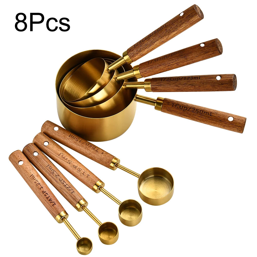 Gold Stainless Steel Measuring Cups and Spoons Set – Wooden Handle Baking and Coffee Tools