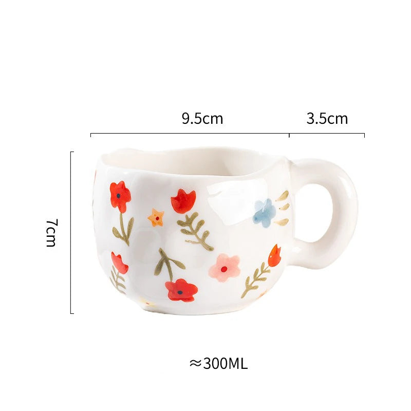 300ml Cute Ceramic Mug – Hand-Pinched Heart & Flower Pattern Coffee & Tea Cup
