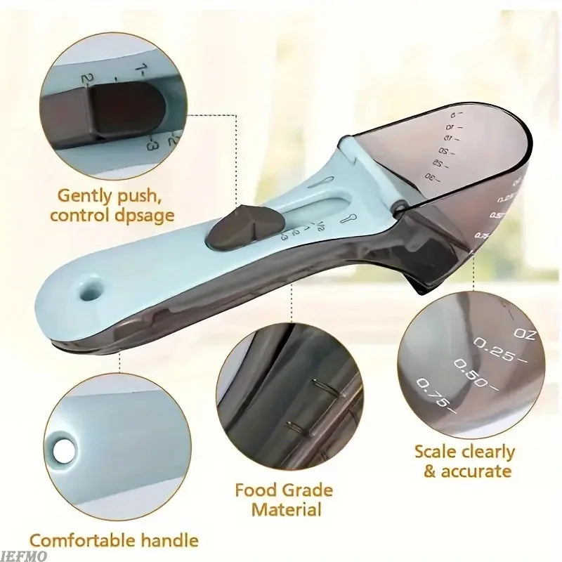 Adjustable Plastic Measuring Cup and Spoon with Handle for Dry and Liquid Kitchen Use