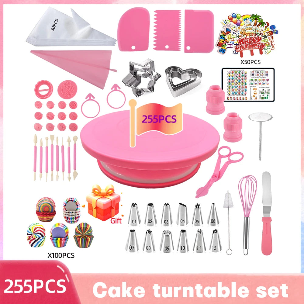 255-Piece Cake Decorating Kit with Turntable, Piping Bags & Nozzles for Baking Lovers