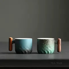 80ml Handmade Ceramic Coffee Cup – Retro Tea of Coffee Mug with Wooden Handle