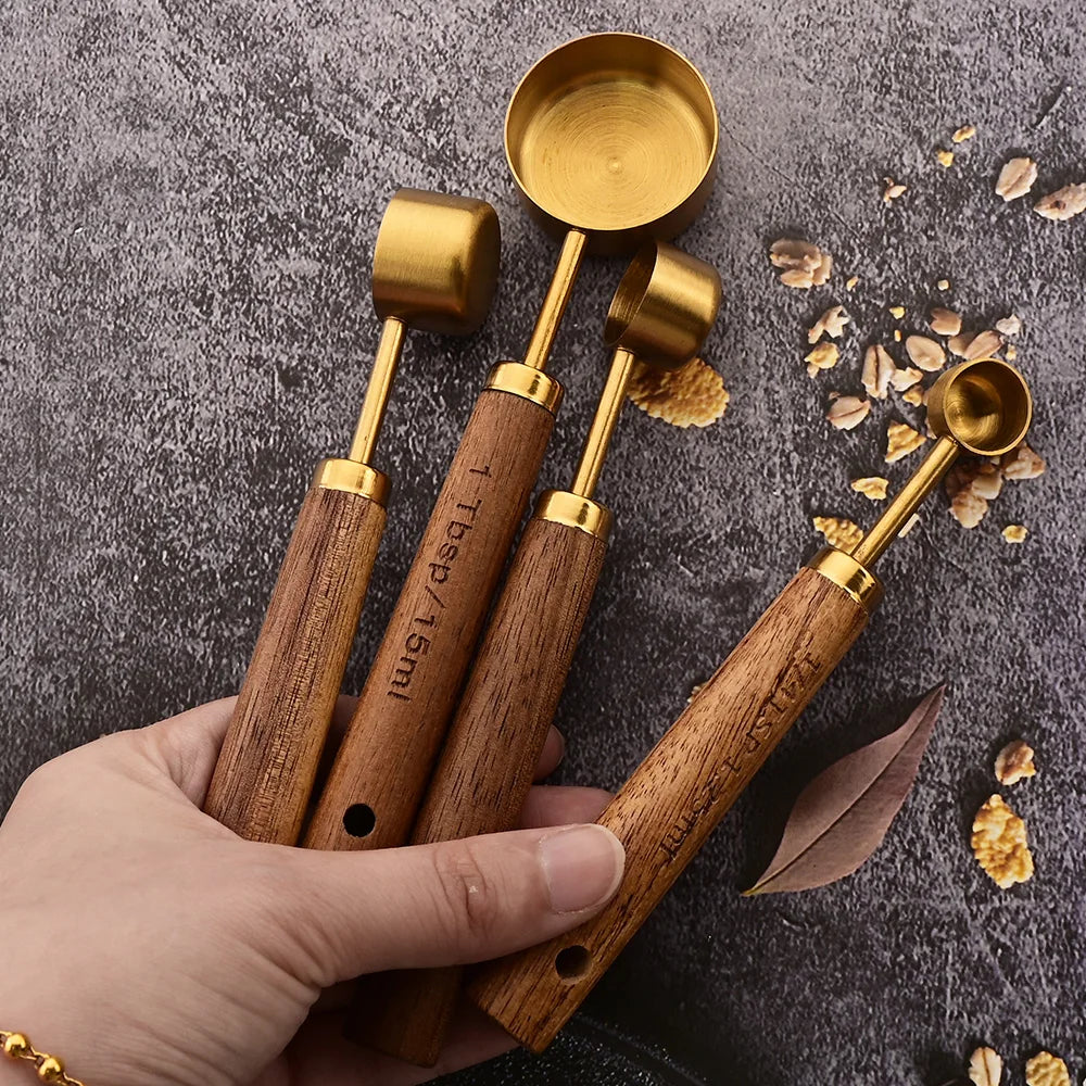 Gold Stainless Steel Measuring Cups and Spoons Set – Wooden Handle Baking and Coffee Tools