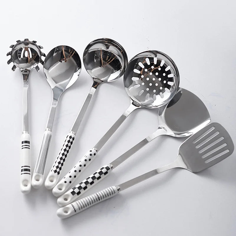 7-Piece Stainless Steel Kitchen Utensil Set with Ceramic Handles – Nordic Style