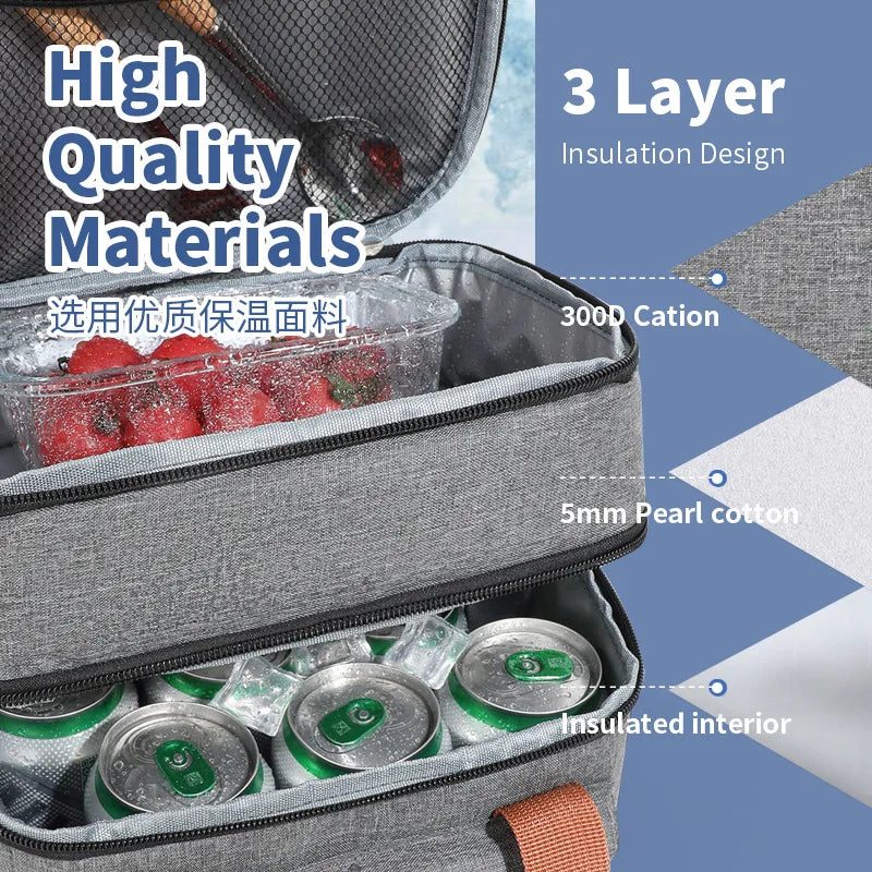 Large Double-Layer Insulated Cooler Lunch Bag – Waterproof Picnic Tote with Shoulder Strap