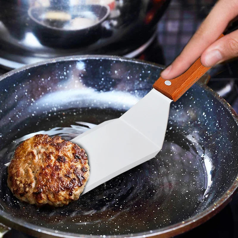Stainless Steel Cooking Spatula – Square Head BBQ Turner with Wooden Handle for Grill & Kitchen