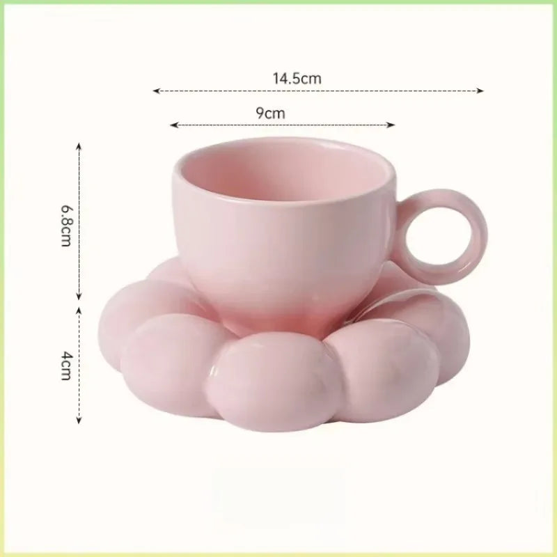 Aesthetic Sunflower Ceramic Coffee Mug with Saucer – Cute Cloud Cup for Tea & Office