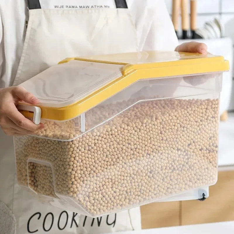 Storage Container with Lid, Wheels & Scoop – Airtight Grain & Cereal Dispenser