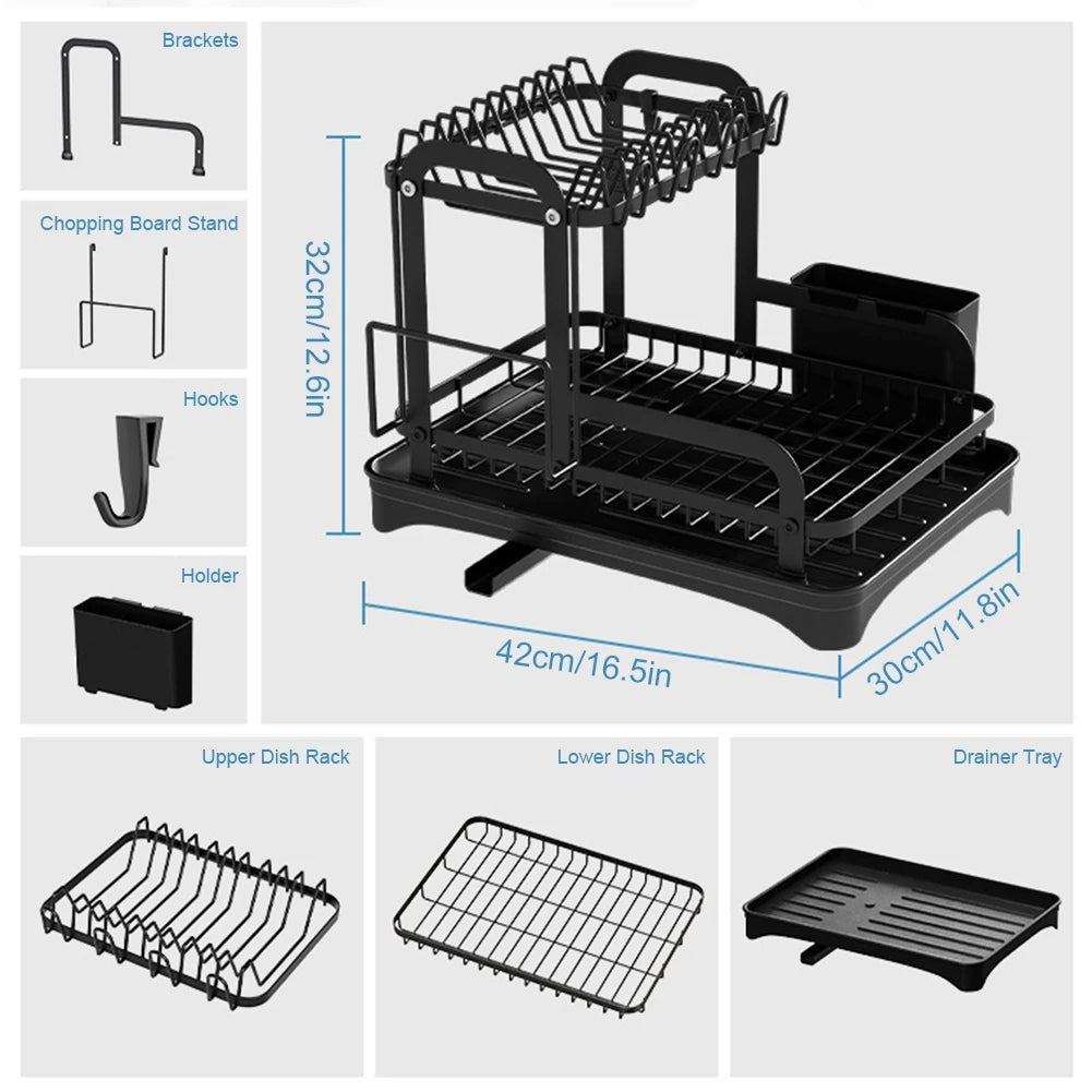 2 Tier Dish Drying Rack with Drainboard – Countertop Dinnerware & Bowl Organiser