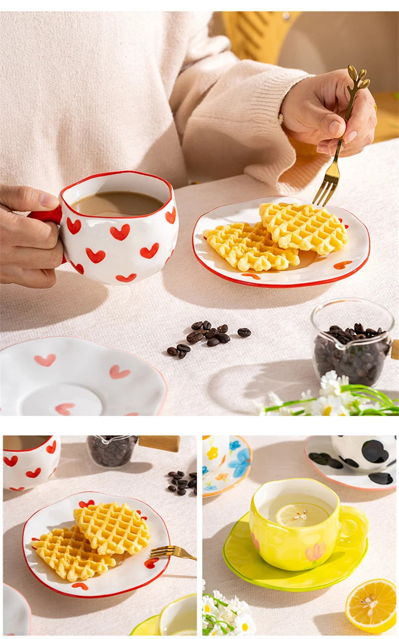 300ml Cute Ceramic Mug – Hand-Pinched Heart & Flower Pattern Coffee & Tea Cup