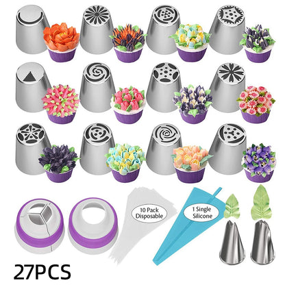 27pc Piping Nozzles Set – Stainless Steel Icing Tips & Bags for Cake Decorating