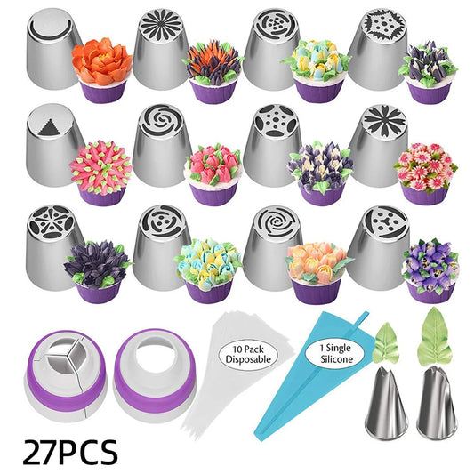27pc Piping Nozzles Set – Stainless Steel Icing Tips & Bags for Cake Decorating