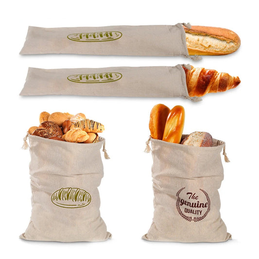 Linen Bread Bags – Reusable Drawstring Storage for Loaves & Baguettes (Set of 4)