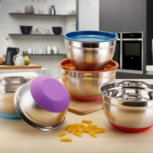 Stainless Steel Mixing Bowl with Lid and Non-Slip Silicone Base – Baking and Food Storage Bowl