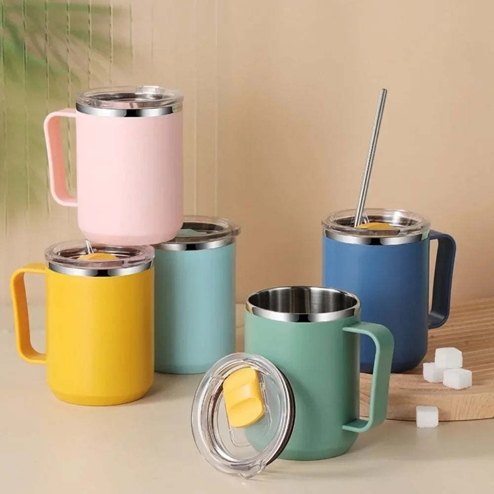450ml Stainless Steel Insulated Coffee Cup – Travel Mug with Handle, Lid & Straw