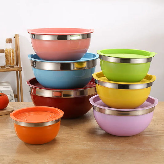 Stainless Steel Salad Mixing Bowl with Lid and Non-Slip Silicone Base – Various Sizes Available