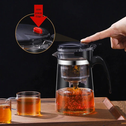 Heat Resistant Glass Teapot with One-Click Filtering – Tea and Coffee Maker with Water Separation