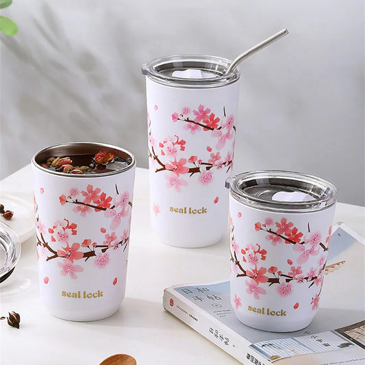 Cherry Blossom Stainless Steel Thermal Mug – Leak-Proof Travel Cup with Lid, 360–560ml