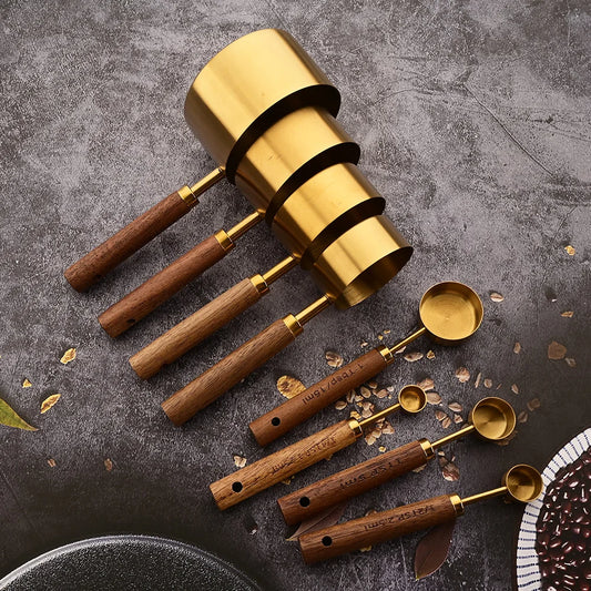 Gold Stainless Steel Measuring Cups and Spoons Set – Wooden Handle Baking and Coffee Tools