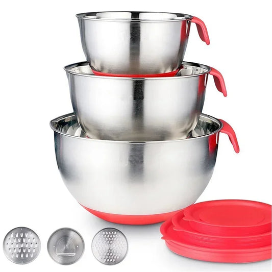 Stainless Steel Mixing Bowl with Lid and Grater – Non-Slip Silicone Base Kitchen Essential