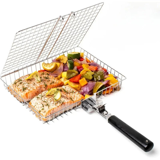 Stainless Steel Grill Basket – Folding BBQ Rack for Fish, Veggies & Camping Grilling