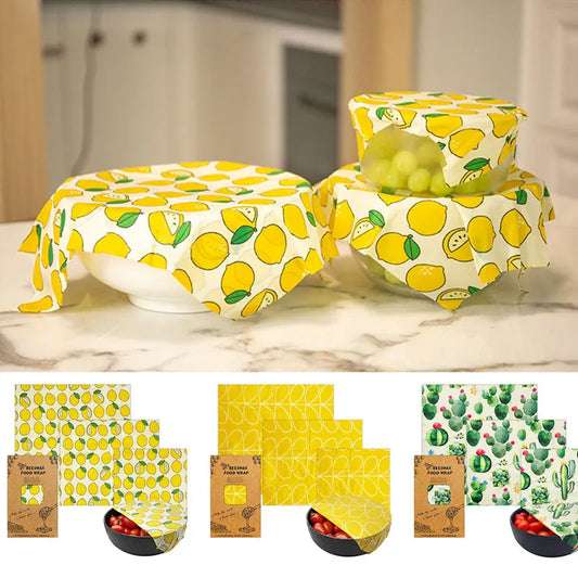 3pcs Reusable Beeswax Food Wraps – Natural Cotton Covers for Cheese, Fruit & Bread