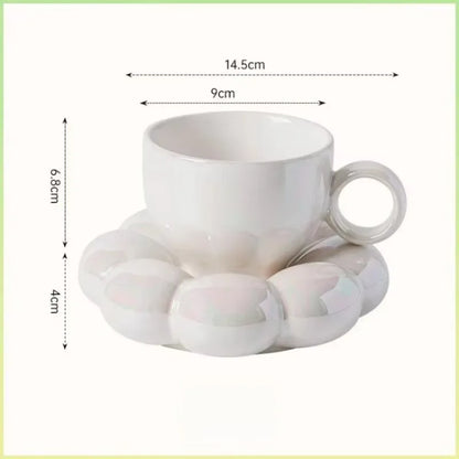 Aesthetic Sunflower Ceramic Coffee Mug with Saucer – Cute Cloud Cup for Tea & Office