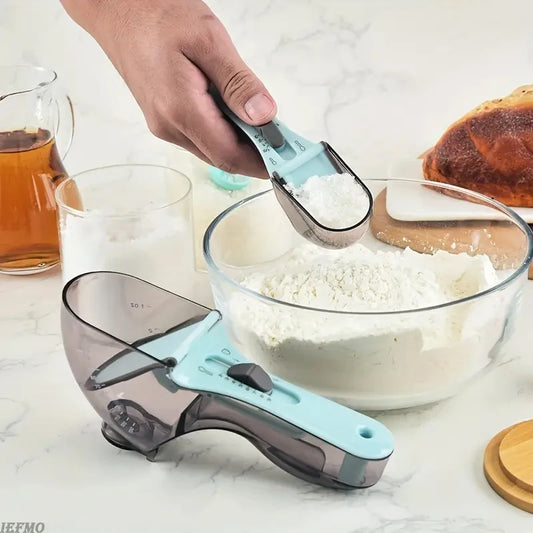 Adjustable Plastic Measuring Cup and Spoon with Handle for Dry and Liquid Kitchen Use